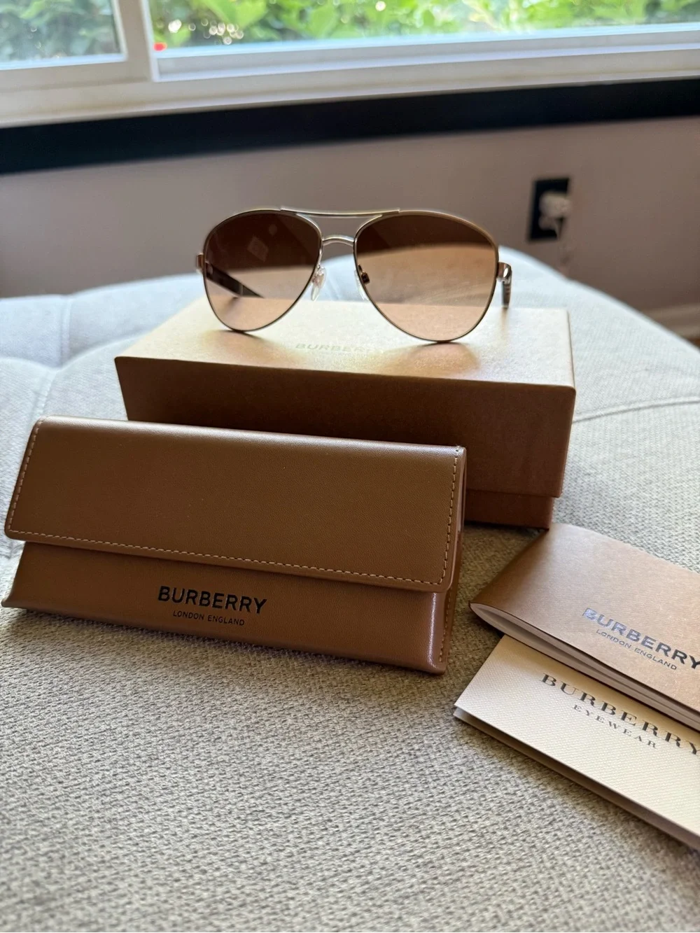 Burberry Gold Frame Brown Gradient Aviator Sunglasses with Signature Temple